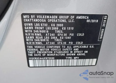 2018 Volkswagen Atlas 3.6L V6 Se from USA, damaged, VIN 1V2CR2CA4JC572030